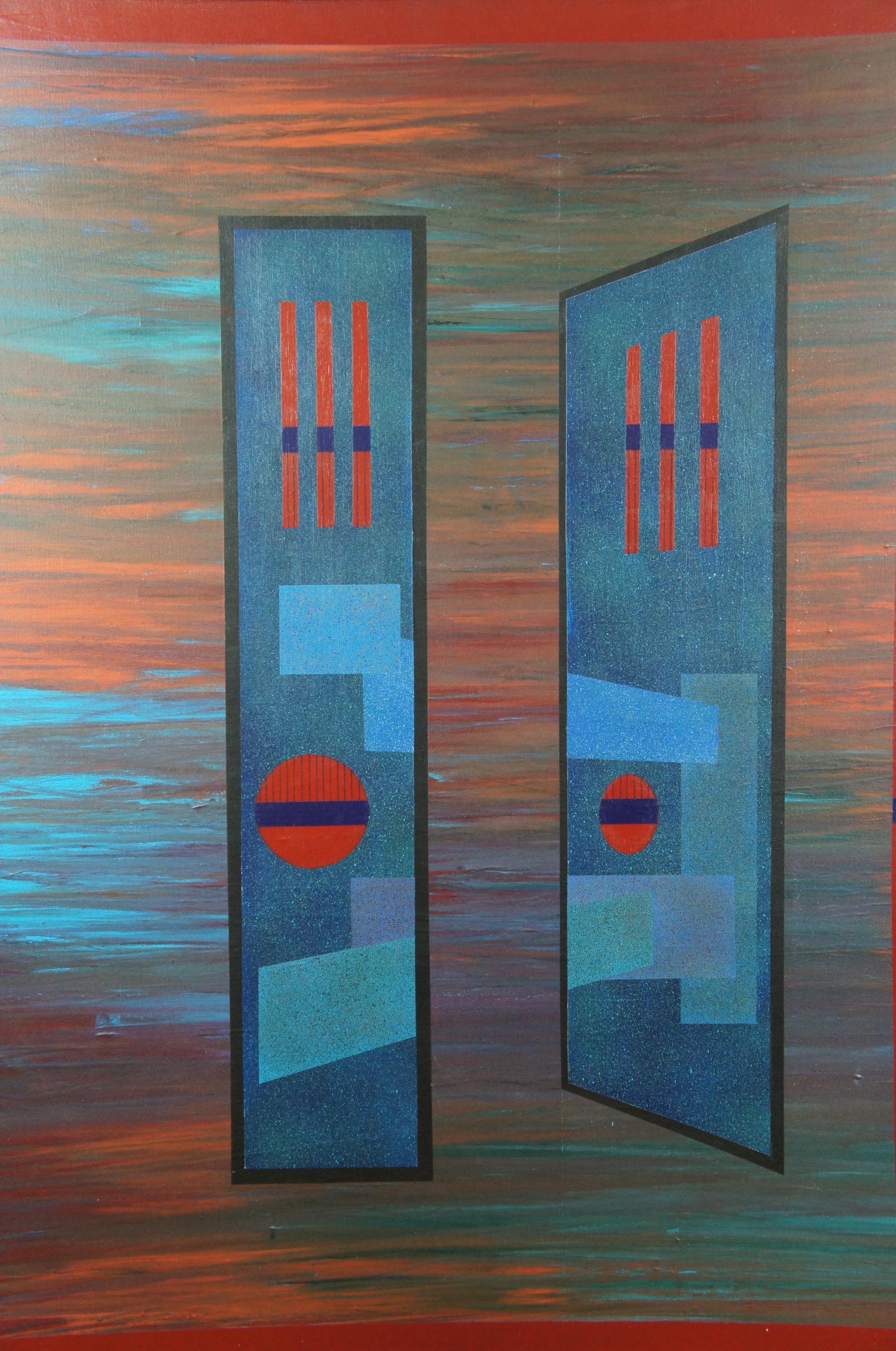 1984 Science Fiction Signiert Öl auf Leinwand Abstrakt Vintage 1
