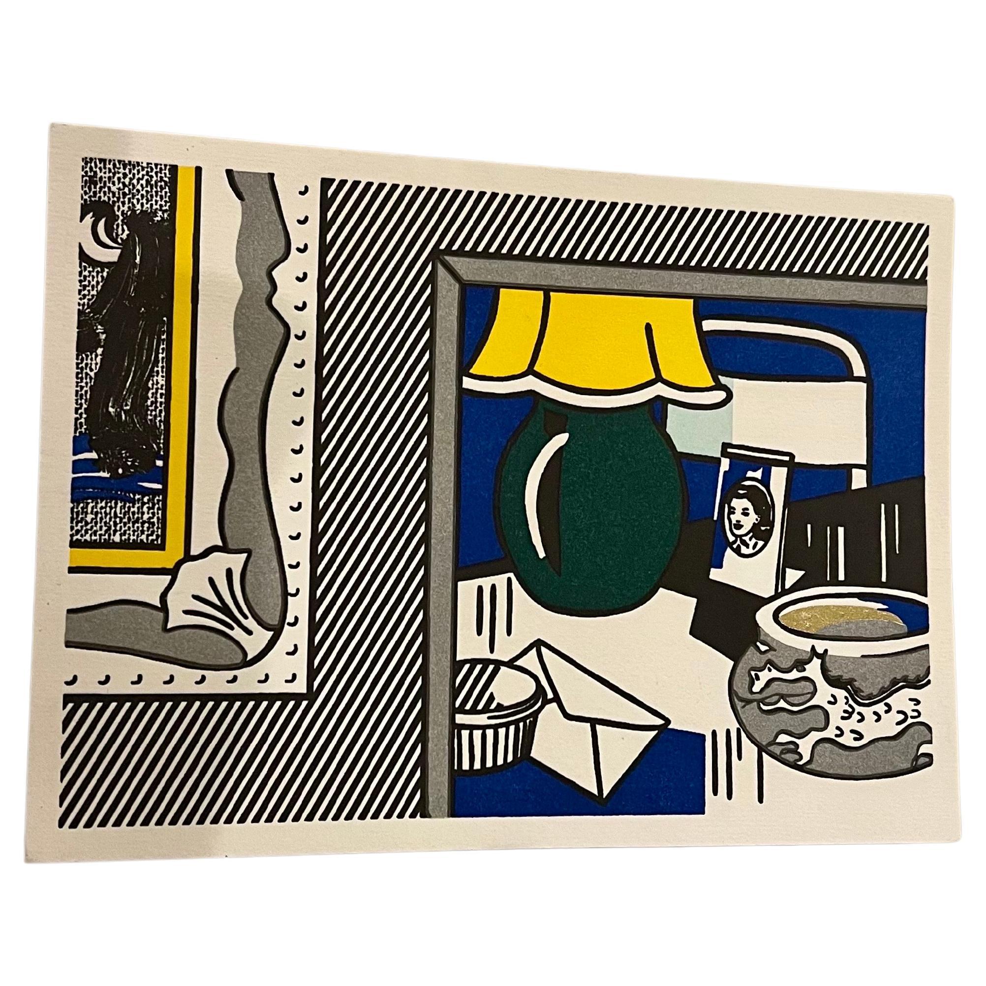 Small and rare unframed woodcut , lithograph , screenprint and collage by the State of Roy Lichtenstain , two paintings ; green lamp 1984 . Introducing an exquisite piece of artistry that is sure to captivate discerning collectors and enthusiasts