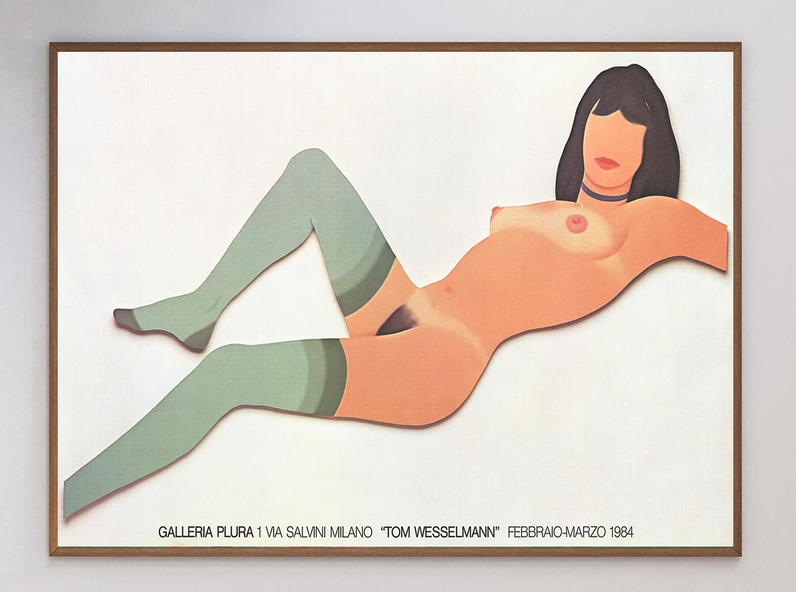 Schönes Plakat für die Einzelausstellung des amerikanischen Pop-Künstlers Tom Wesselmann in der Galleria Plura in Mailand, Italien. Die Ausstellung, die von Februar bis März 1984 läuft, zeigt Werke aus Wesselmanns 
