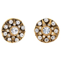1984 Vintage Chanel Star Crystal Earrings Round Clip On Yellow Gold Tone