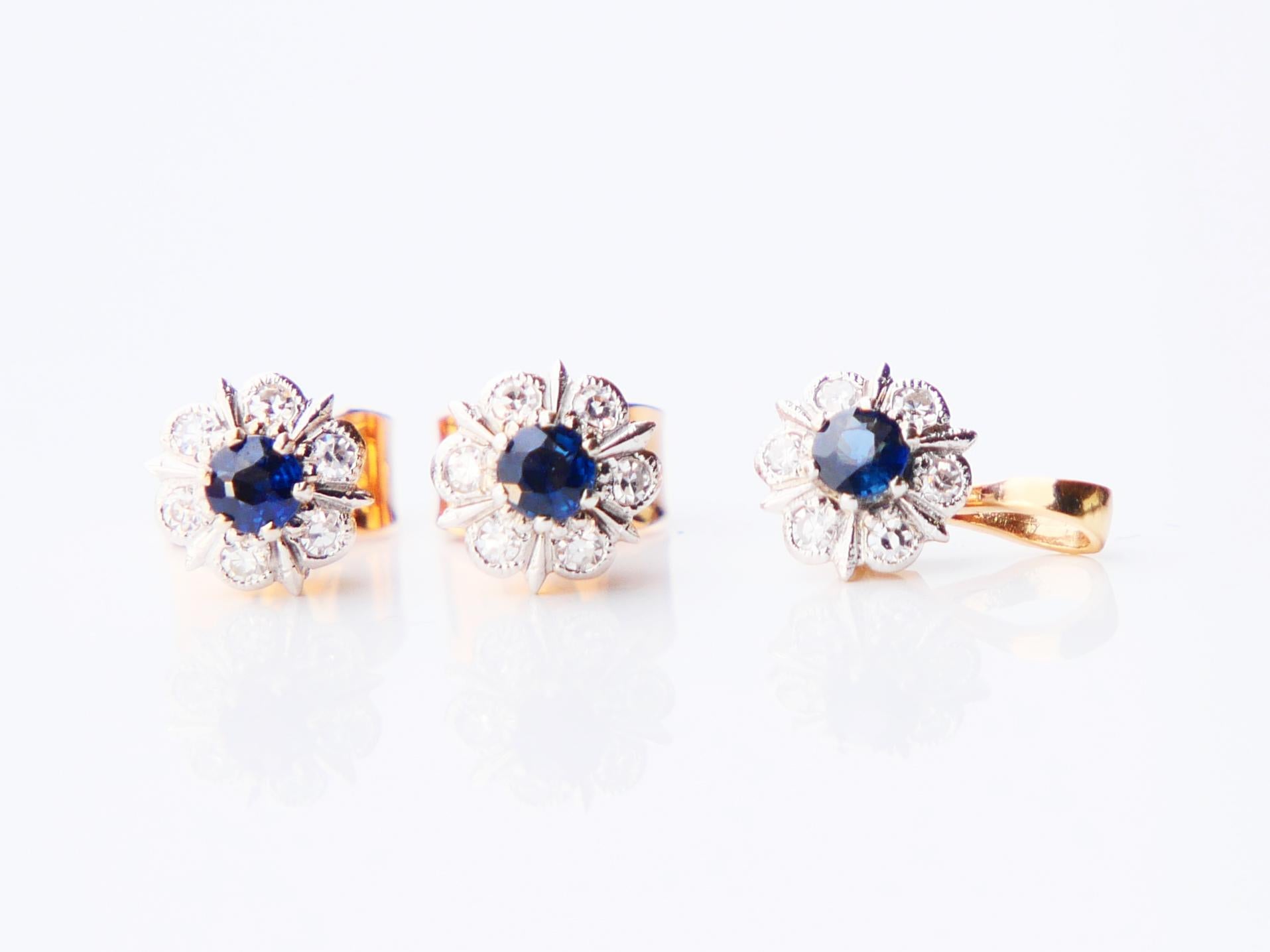 Set of matching vintage Halo Earrings and Pendant 

All items show Finish hallmarks, 750, and maker's. Used finest condition.

Florets/crowns of Earrings and Pendant measure the same Ø 6.25 mm. Three medium Blue Sapphires Ø 3mm /0.15ct each /ca.045