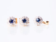 Vintage Finish Set Earrings Pendant Sapphire Diamonds 18K Gold / 2.23gr