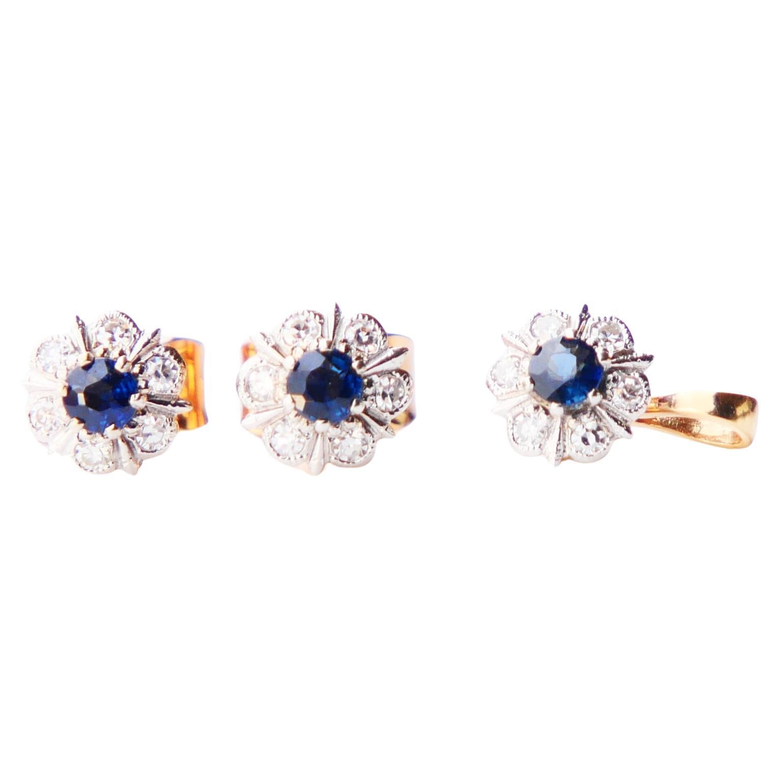 Vintage Finish Set Earrings Pendant Sapphire Diamonds 18K Gold / 2.23gr For Sale