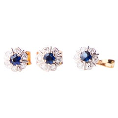 Vintage Finish Set Earrings Pendant Sapphire Diamonds 18K Gold / 2.23gr