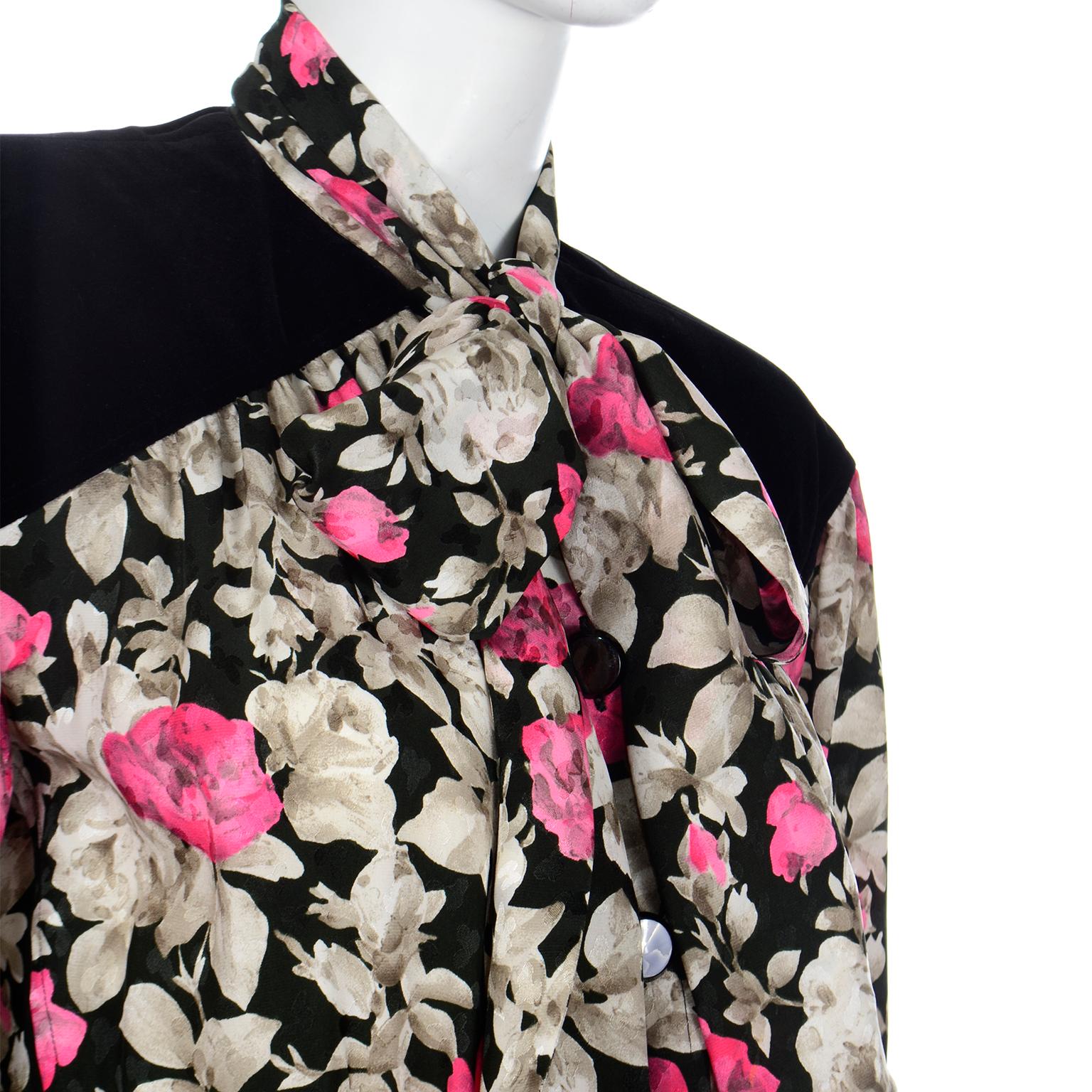 1984 Yves Saint Laurent Floral Silk Runway Dress w Black Velvet Trim  For Sale 1