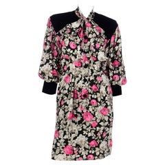 1984 Yves Saint Laurent Floral Silk Runway Dress w Black Velvet Trim