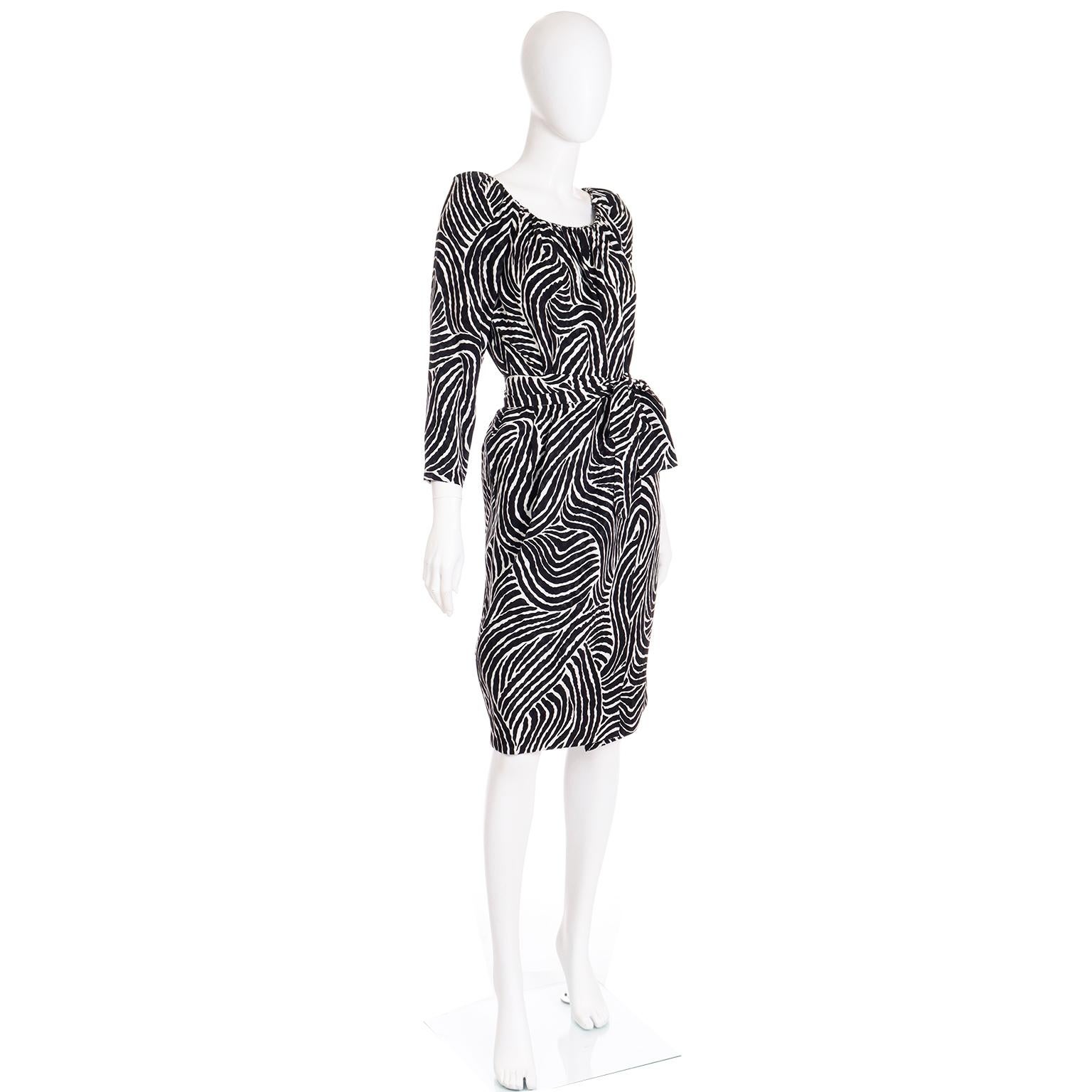 Women's 1984 Yves Saint Laurent Runway 2 piece Abstract Black Stripe Silk Dress For Sale
