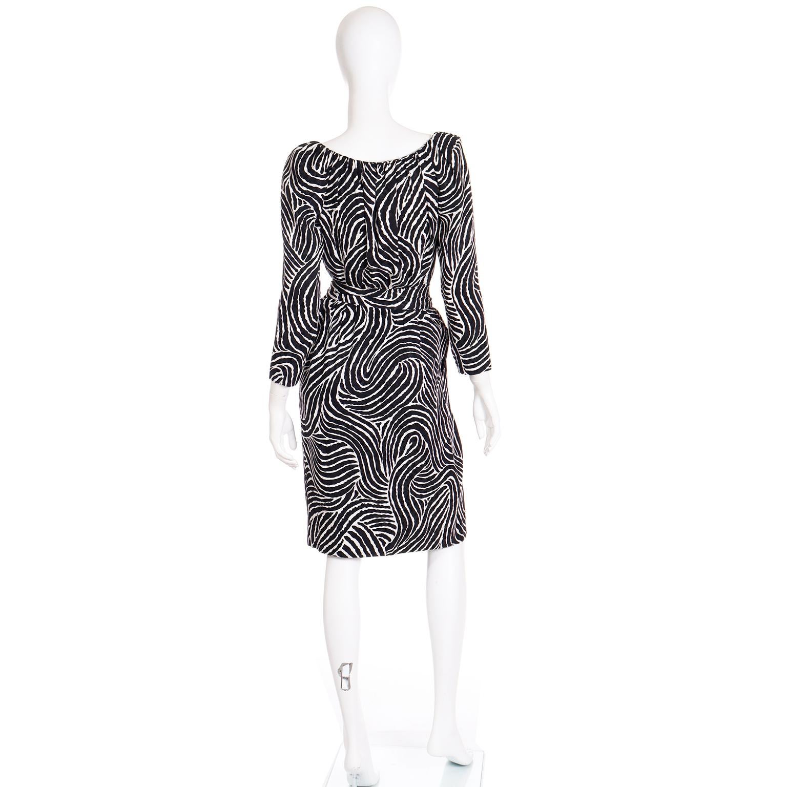 1984 Yves Saint Laurent Runway 2 piece Abstract Black Stripe Silk Dress For Sale 1