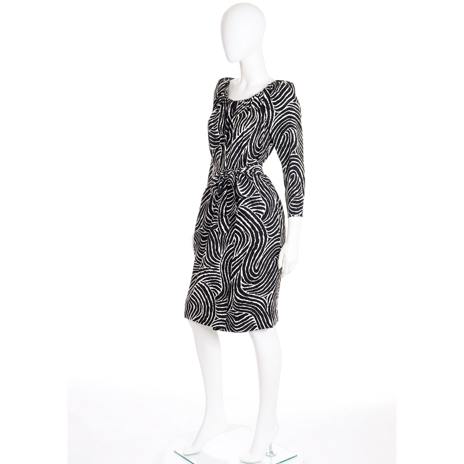 1984 Yves Saint Laurent Runway 2 piece Abstract Black Stripe Silk Dress For Sale 2