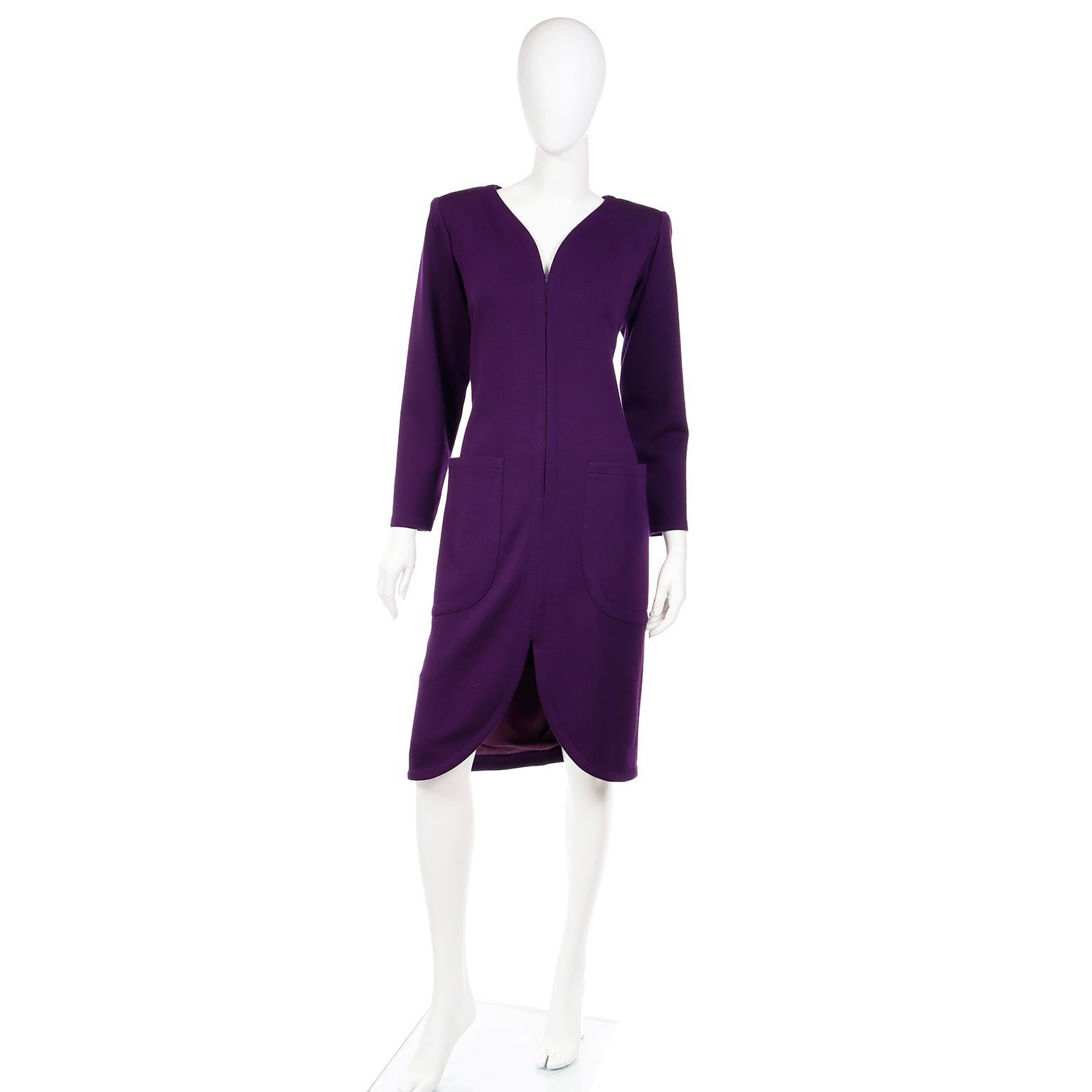 1984 Yves Saint Laurent Vintage Purple Zip Front Runway Dress In Excellent Condition For Sale In Portland, OR