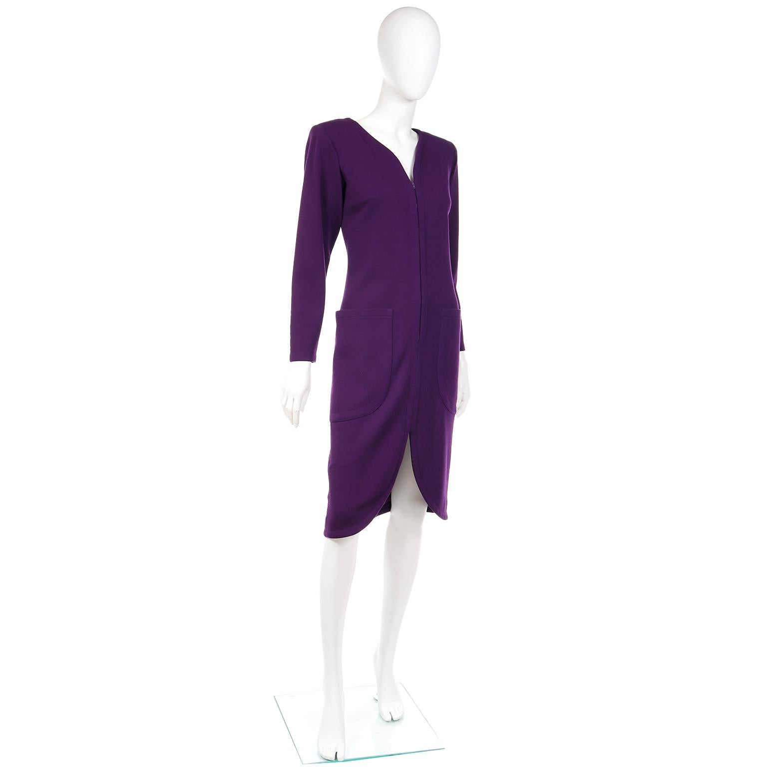 1984 Yves Saint Laurent Vintage Purple Zip Front Runway Dress For Sale 2