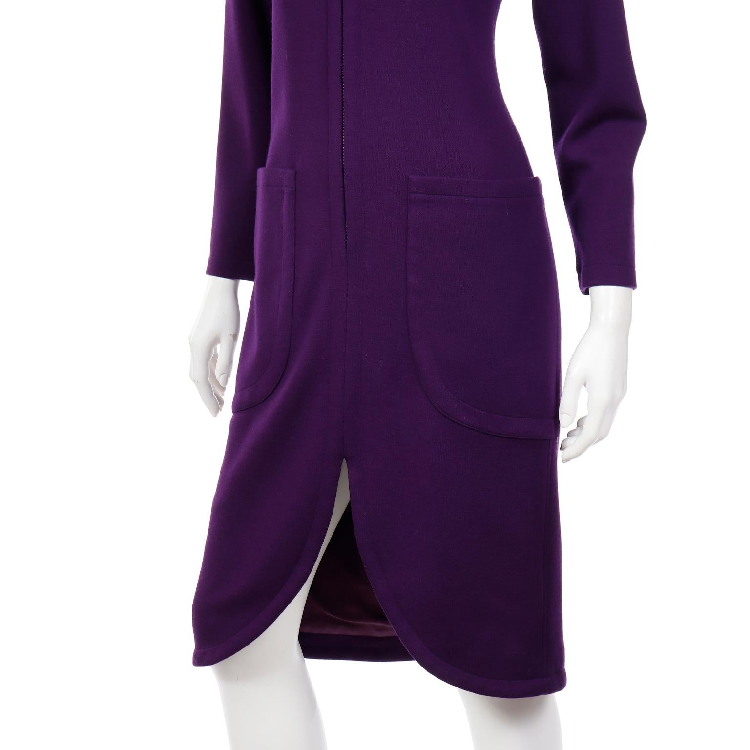 1984 Yves Saint Laurent Vintage Purple Zip Front Runway Dress For Sale 3