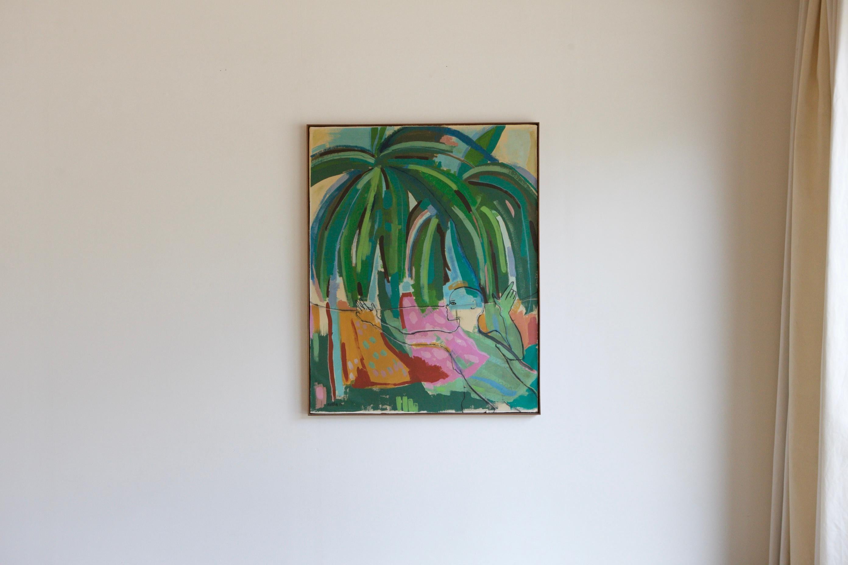 This large work is a beloved part of our personal collection that is now for sale. Arcylic on paper which has then been mounted on board. It has a tropical feel with vibrant colours and confident brush strokes depicting palms and the outline of a