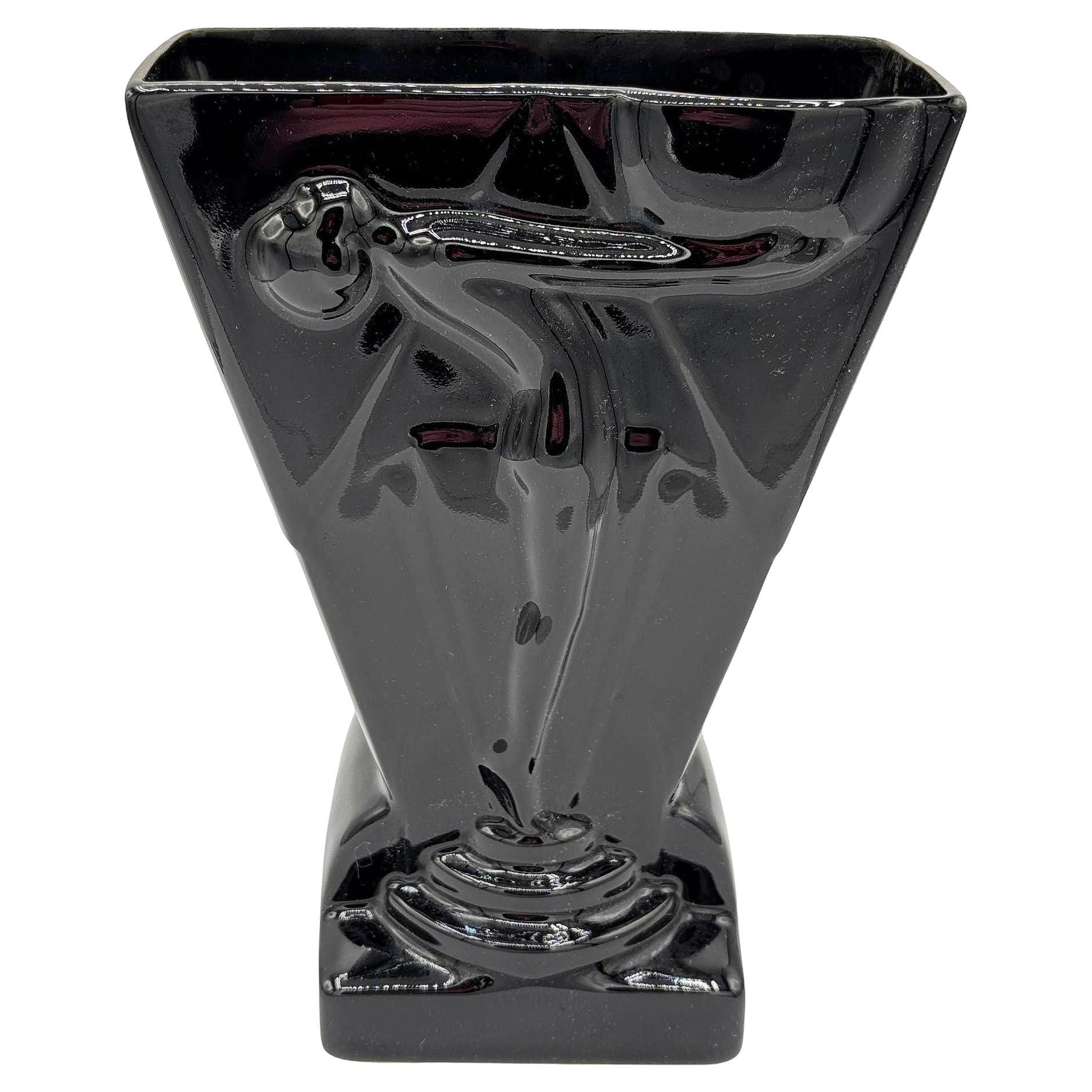 1985 Art Deco Black Pottery Vase Nude Figurine Sculpture Vase by Pelzman Design