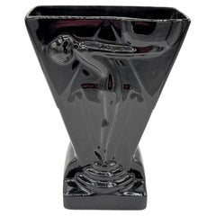 1985 Art Deco Black Pottery Vase Nude Figurine Sculpture Vase by Pelzman Design