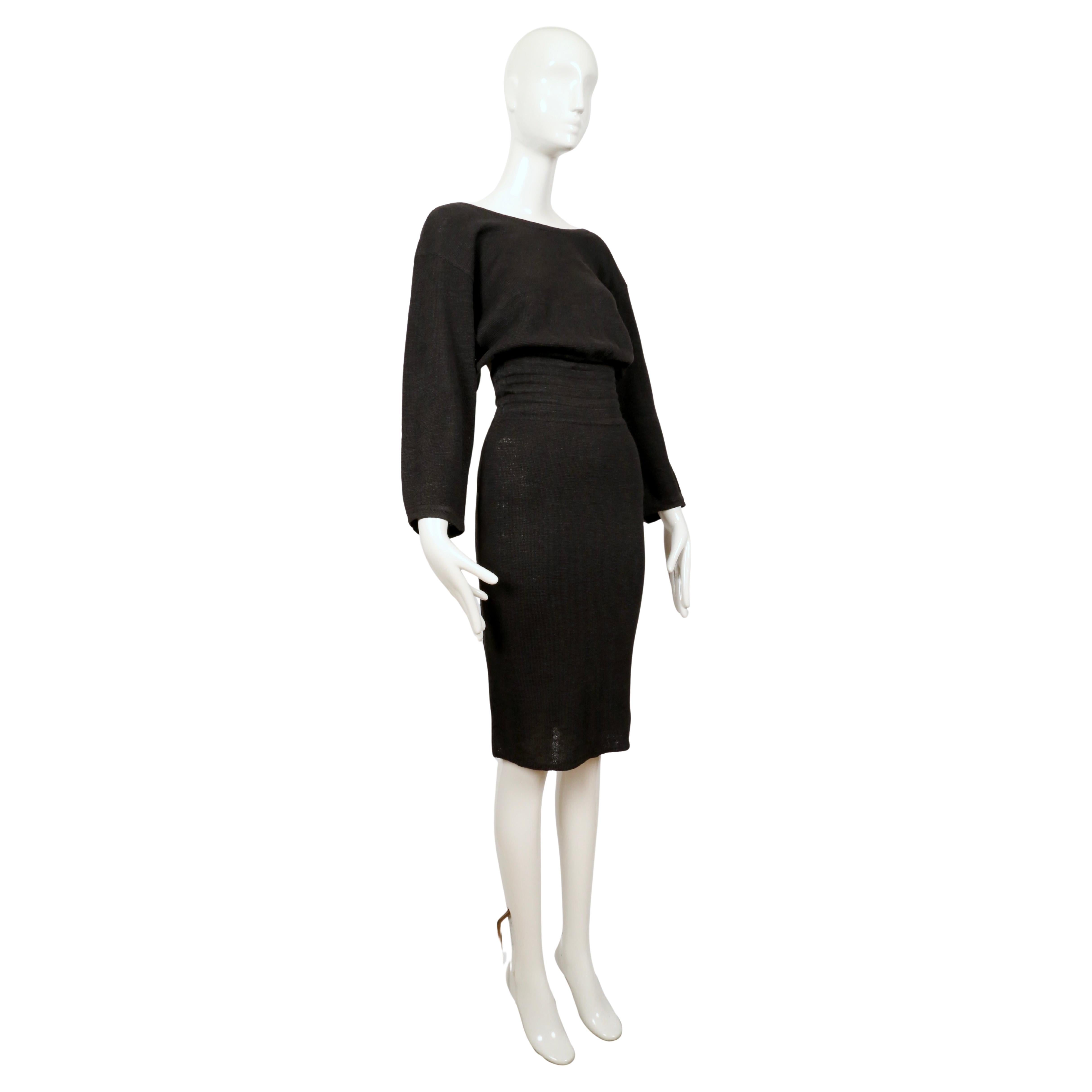 Black 1985 AZZEDINE ALAIA black linen dress with elasticized waist & cut out back For Sale