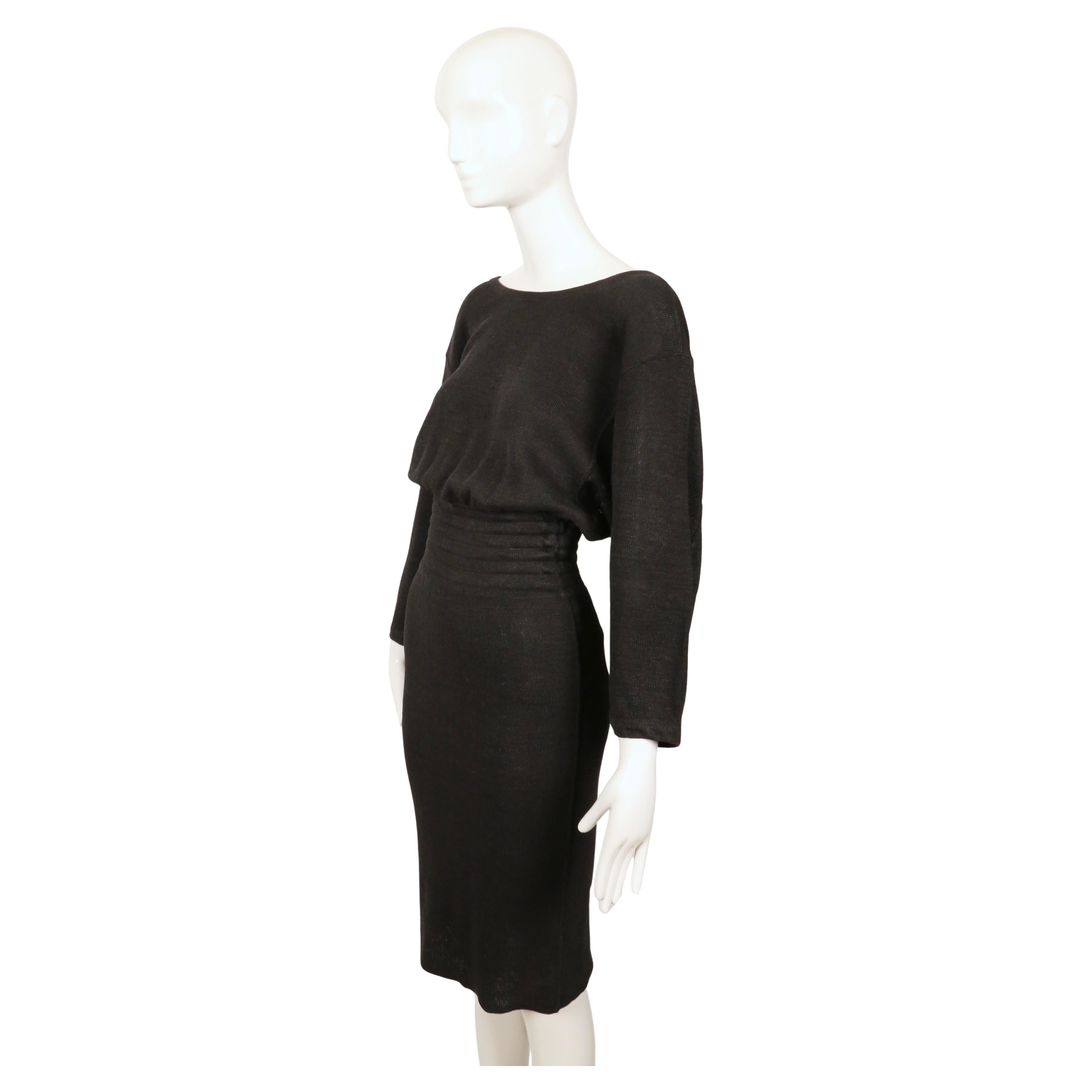 1985 AZZEDINE ALAIA black linen dress with elasticized waist & cut out back For Sale 1