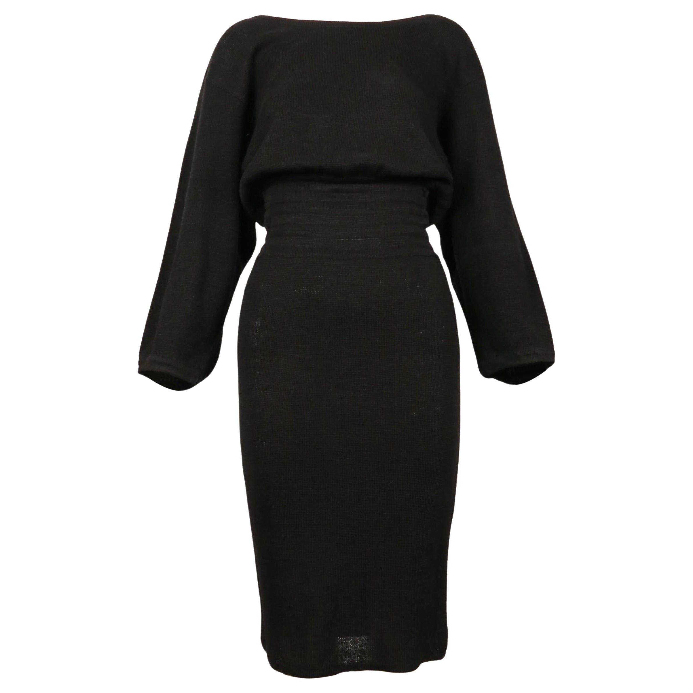 1985 AZZEDINE ALAIA black linen dress with elasticized waist & cut out back