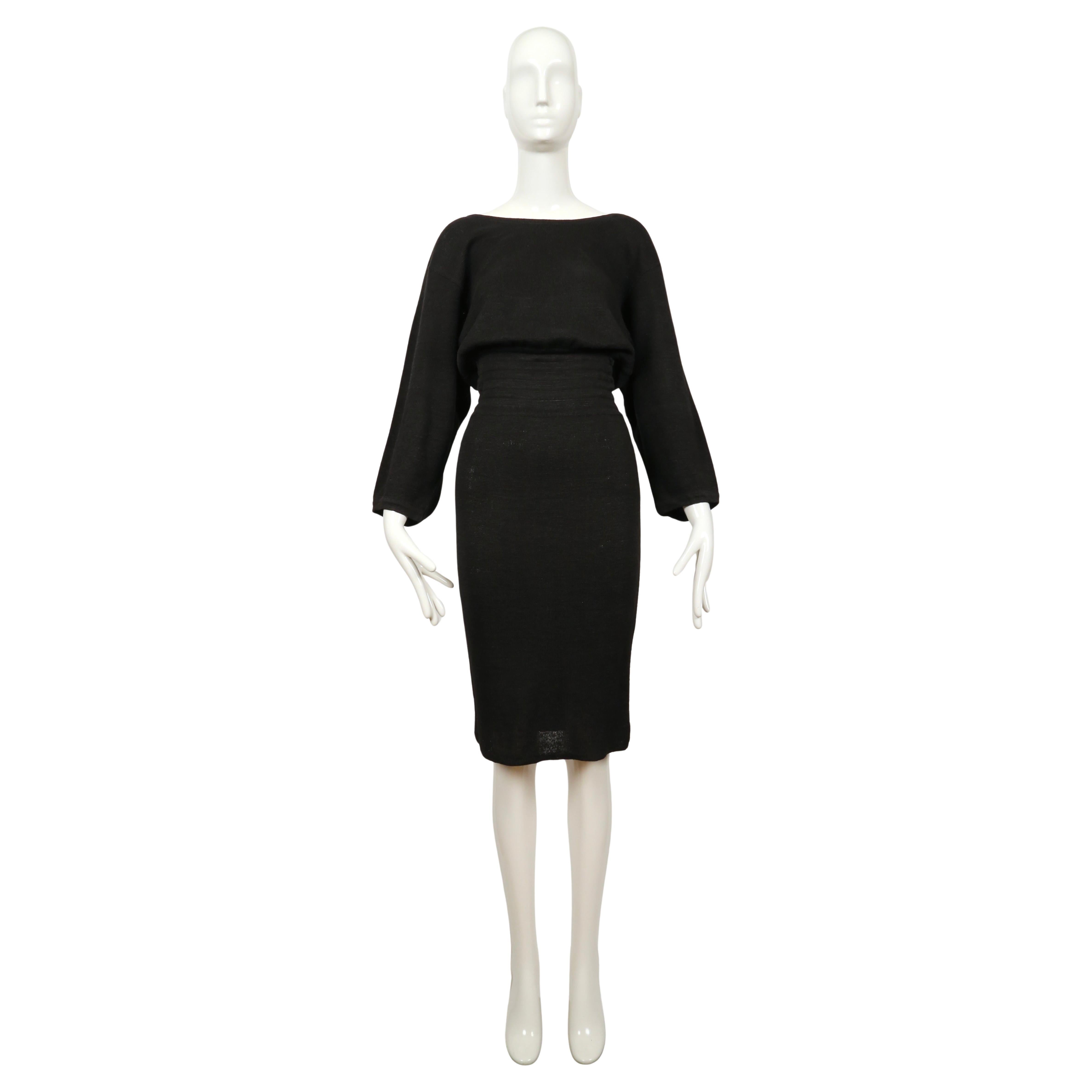 1985 AZZEDINE ALAIA black linen dress with elasticized waist & cut out back For Sale