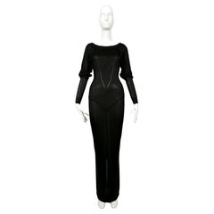 1985 AZZEDINE ALAIA Schwarzes langes ärmelloses Kleid aus Pointelle-Strick mit Akzenten