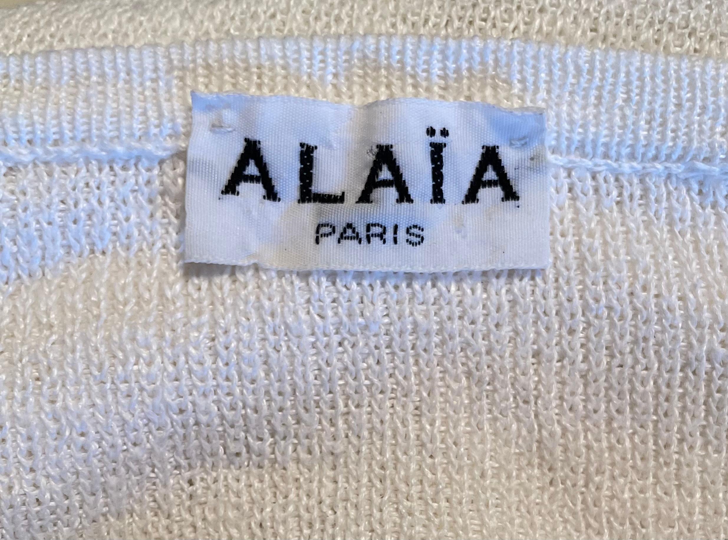 1985 AZZEDINE ALAIA Vestido de lino blanco roto con cintura elástica y corte en la espalda en venta 4