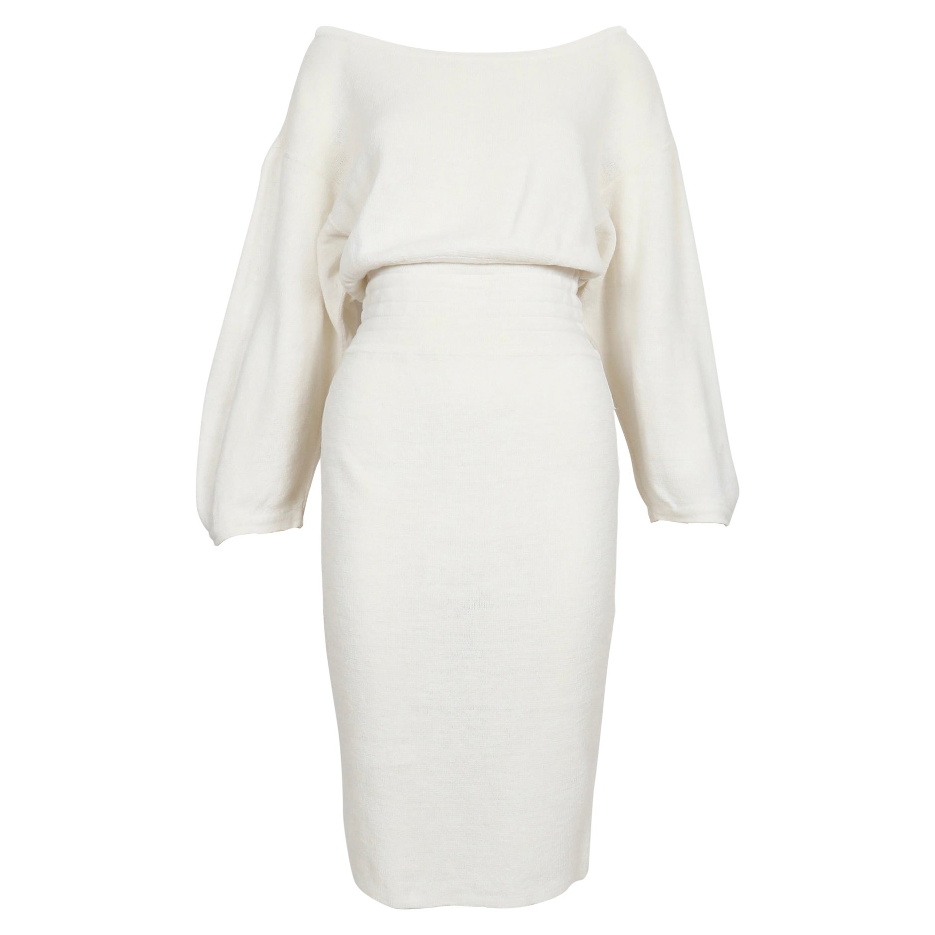 1985 AZZEDINE ALAIA Off-White Leinenkleid mit Gummizug in der Taille und Rückenausschnitt