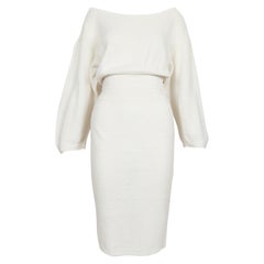 1985 AZZEDINE ALAIA abito in lino bianco sporco con vita elasticizzata e taglio sulla schiena