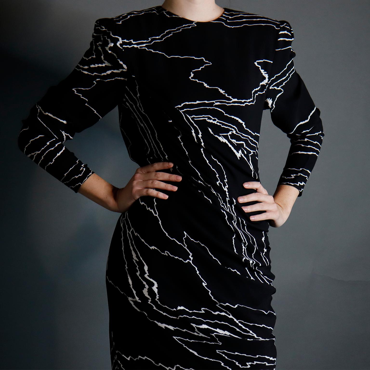 1985 Bill Blass Vintage Runway Dress Abstract Black White Evening Gown Draping In Excellent Condition For Sale In Portland, OR