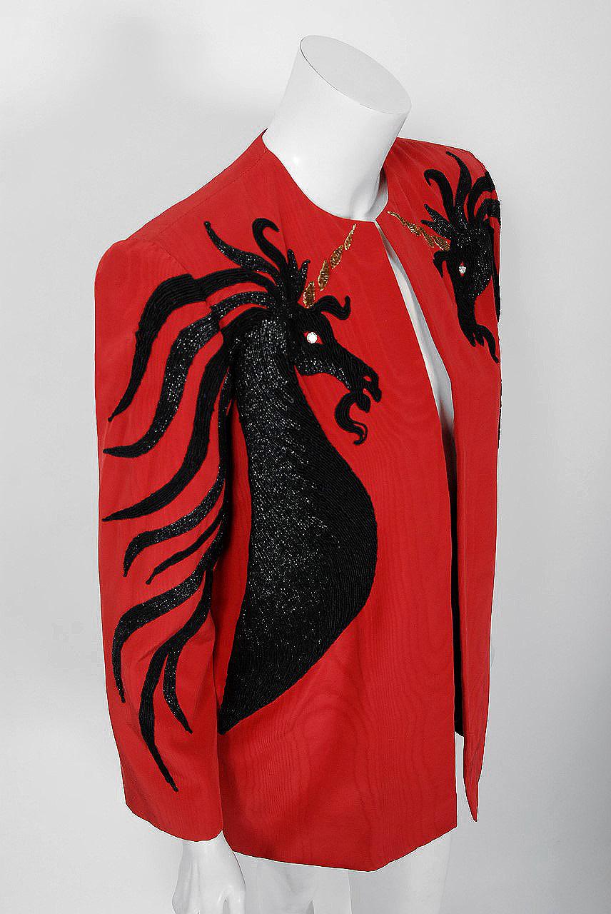 1985 Bob Mackie Beaded Embroidered Unicorn Novelty Red Silk Surrealist Jacket  In Good Condition In Beverly Hills, CA