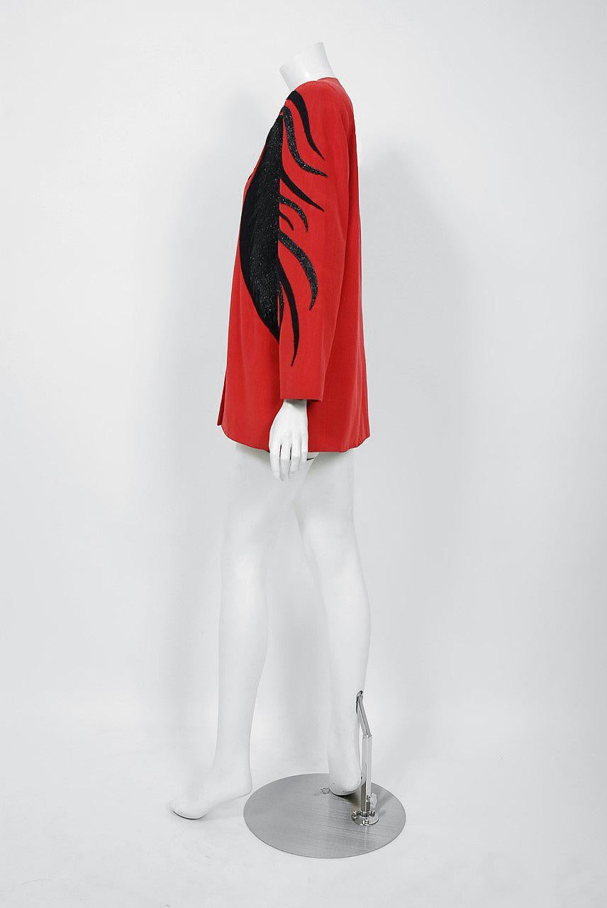 1985 Bob Mackie Beaded Embroidered Unicorn Novelty Red Silk Surrealist Jacket  2