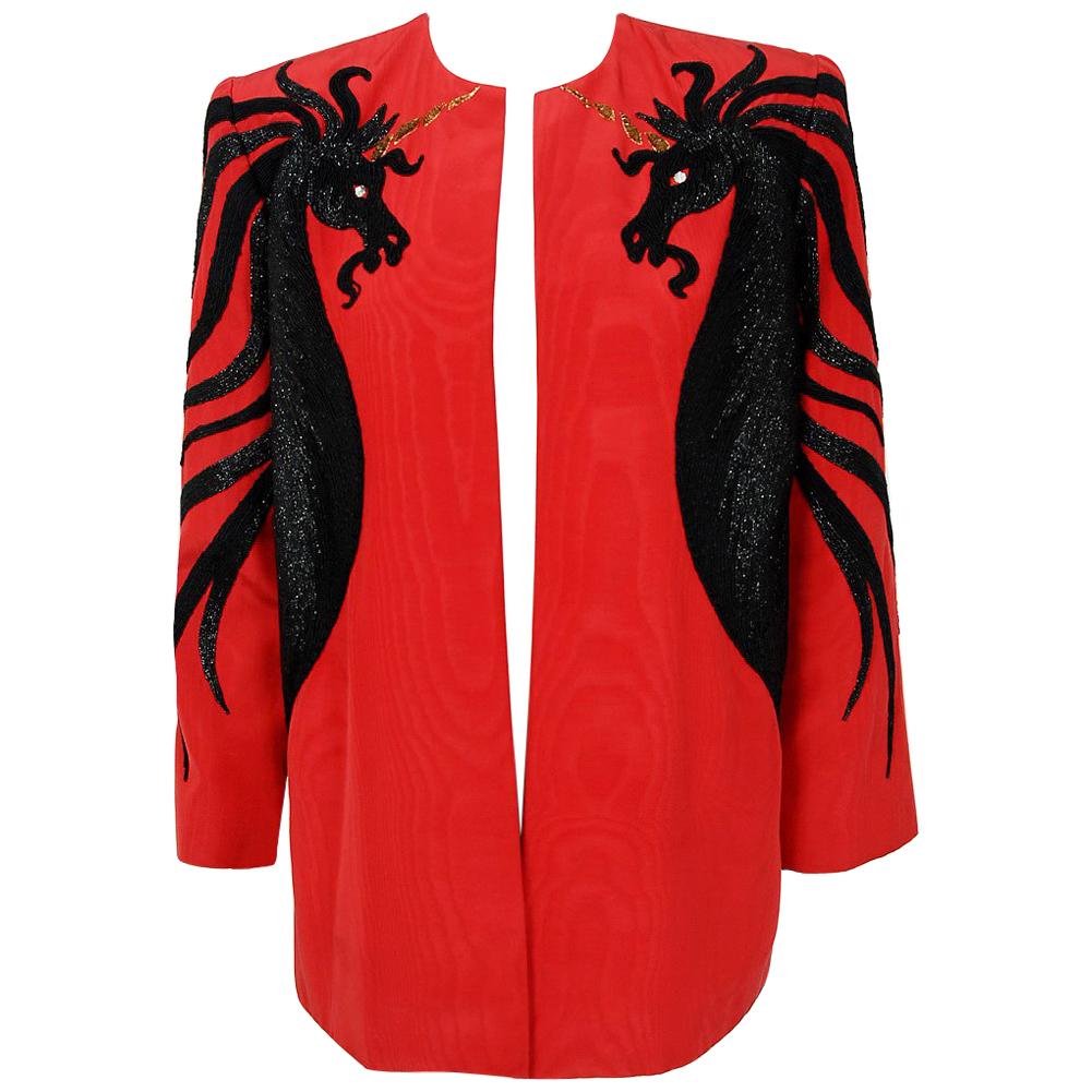 1985 Bob Mackie Beaded Embroidered Unicorn Novelty Red Silk Surrealist Jacket