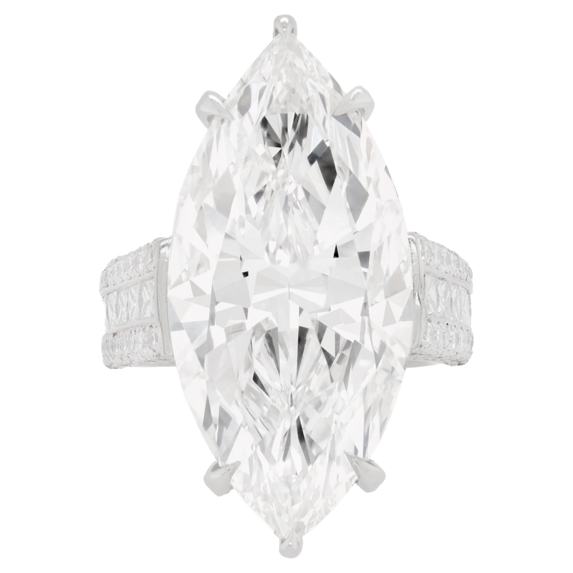 This One-of-a-kind Marquise Cut Diamond Ring is part of Diana M.'s high jewellery collection. 
19.85 Carat Marquise J Color Internally Flawless, set with 1.50 Carats of diamonds in Platinum. 
Certified by GIA 