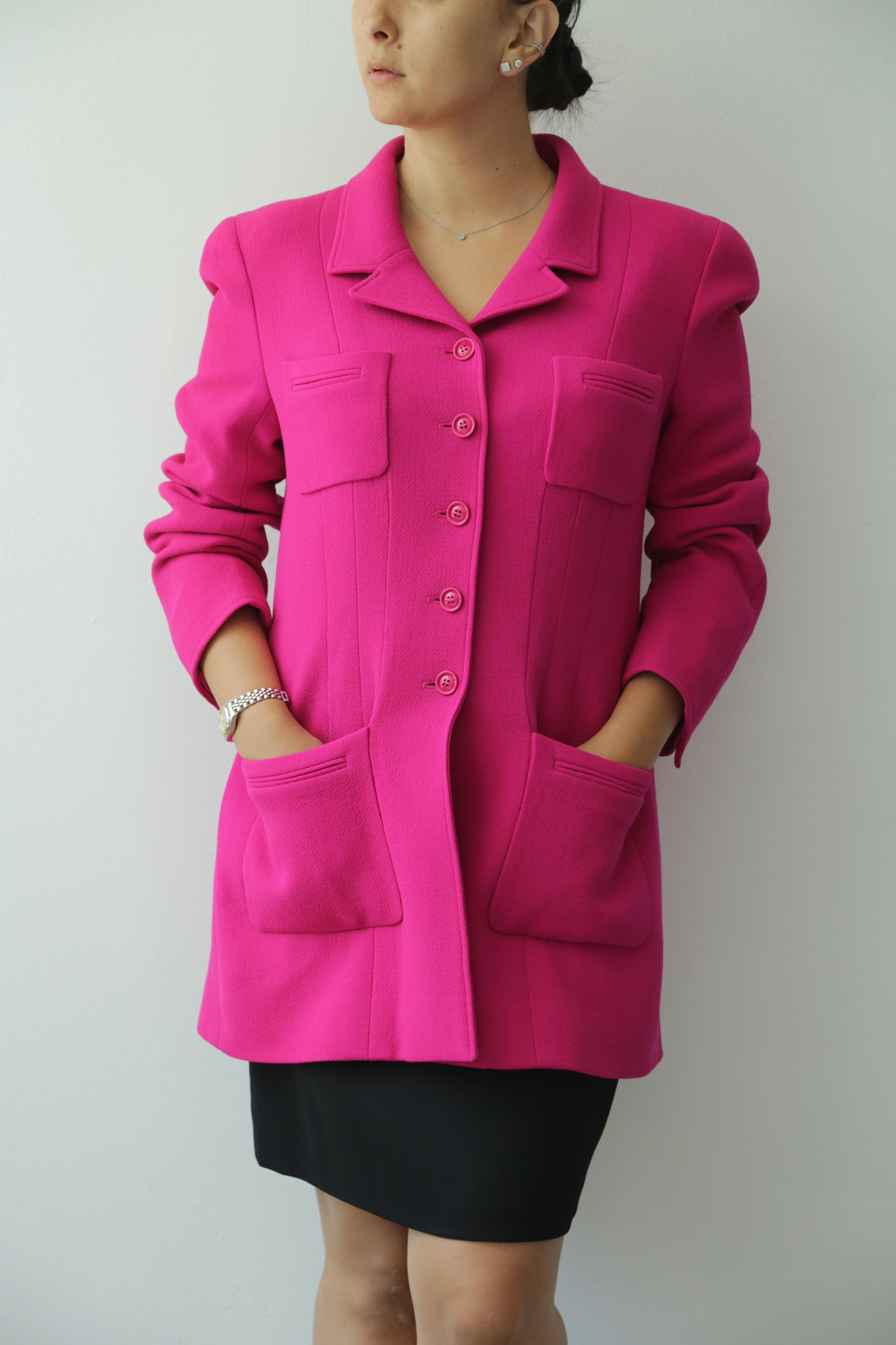 CHANEL Fuchsia Vintage Jacket 
Size 42
From Fall 1985 Collection 
Mid-Thigh in length. Silk lined 
Long Sleeve, fits like a US size 8 
