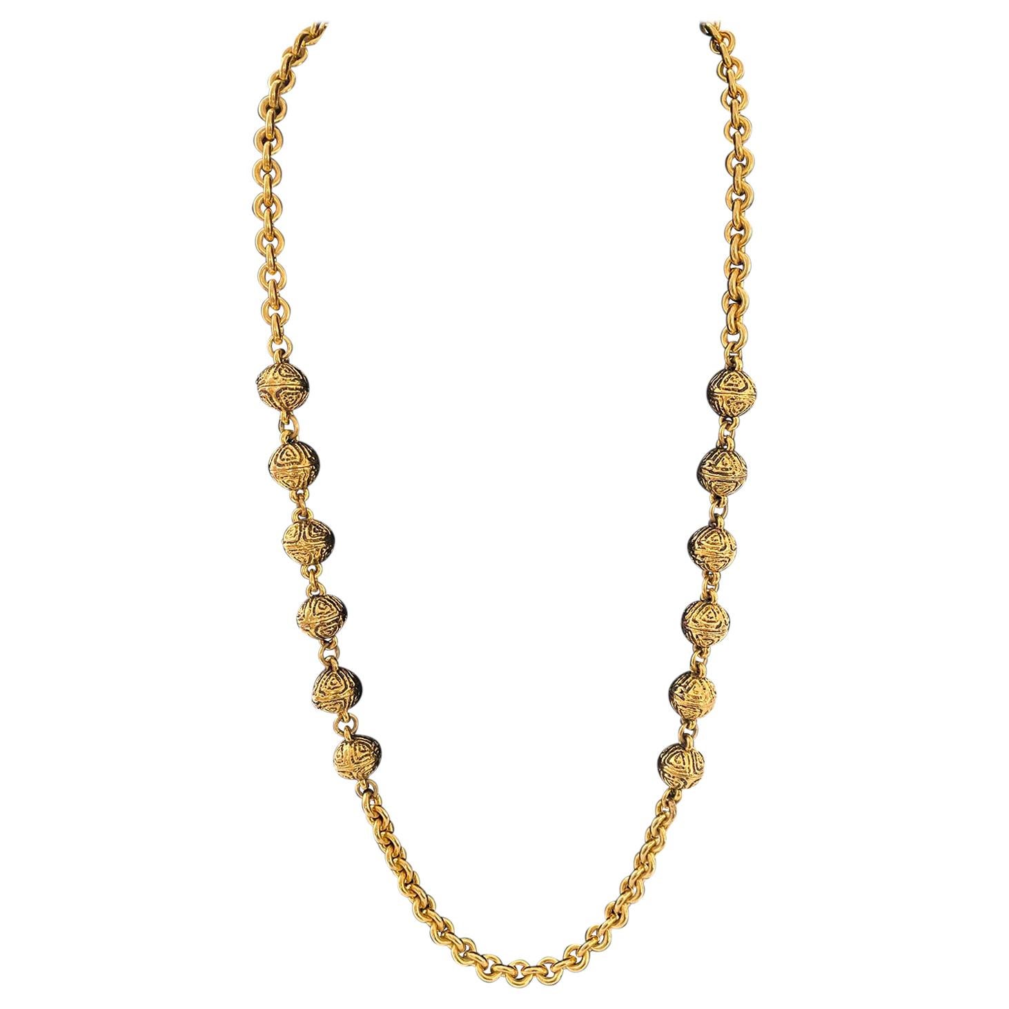1985 Chanel Gold Tone Chain Link Necklace with Gilded Beads  For Sale