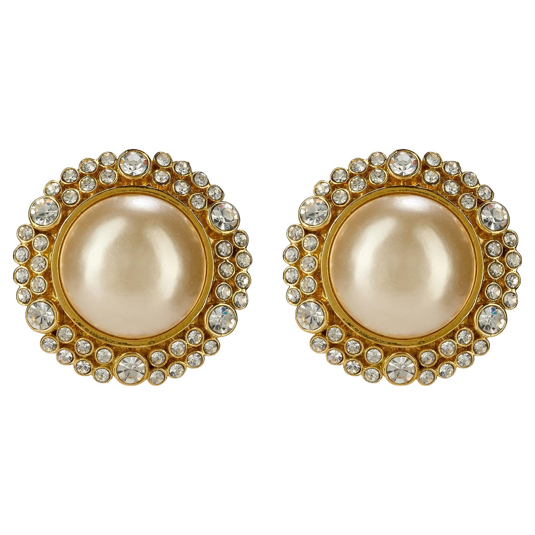 1985 Chanel Large Gold Blister Pearl and Crystal Earrings