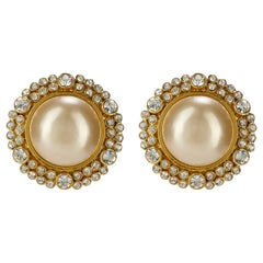 1985 Chanel Large Gold Blister Pearl and Crystal Earrings