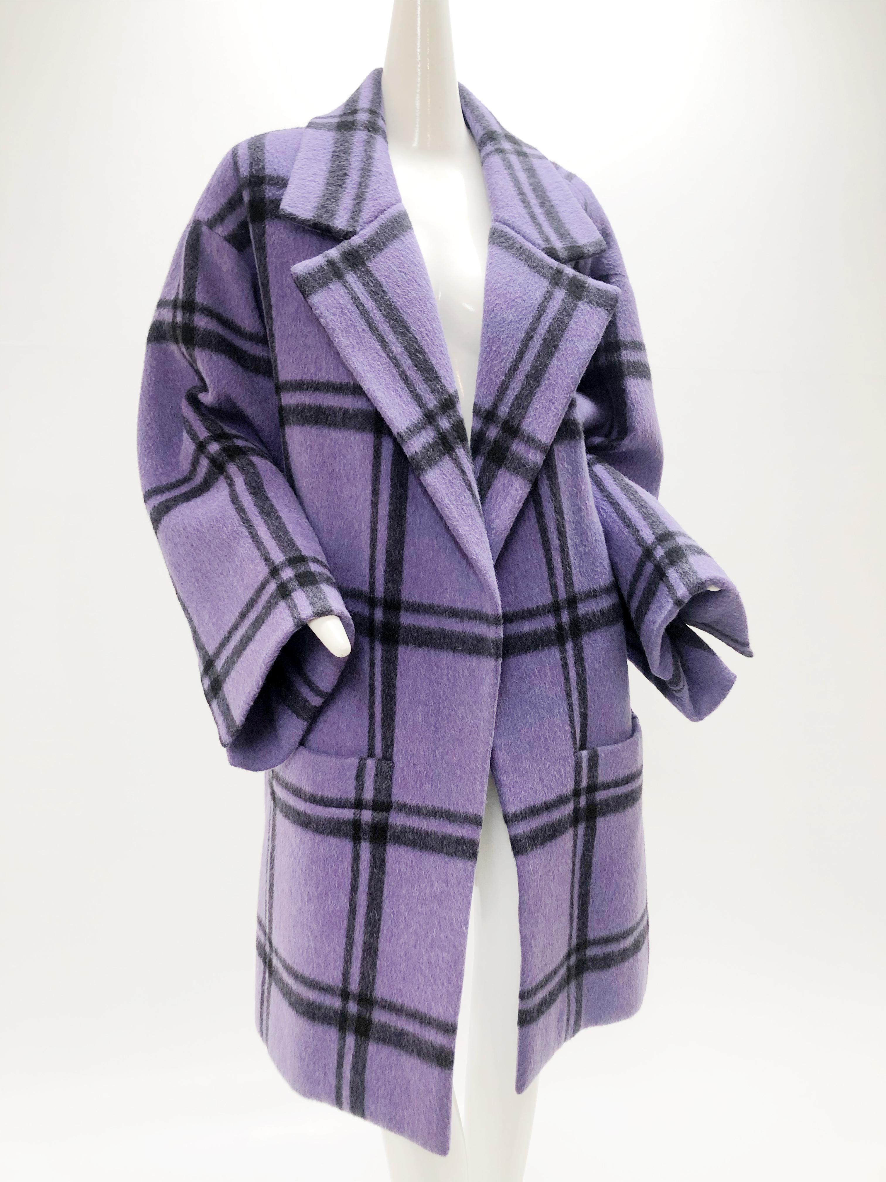 A fabulous 1985 couture Marc Bohan for Christian Dior soft and silky (not scratchy at all) mohair purple and black window pane plaid oversized swing coat: No closures with pattern-matched front patch pockets at hem line. Black silk lining.