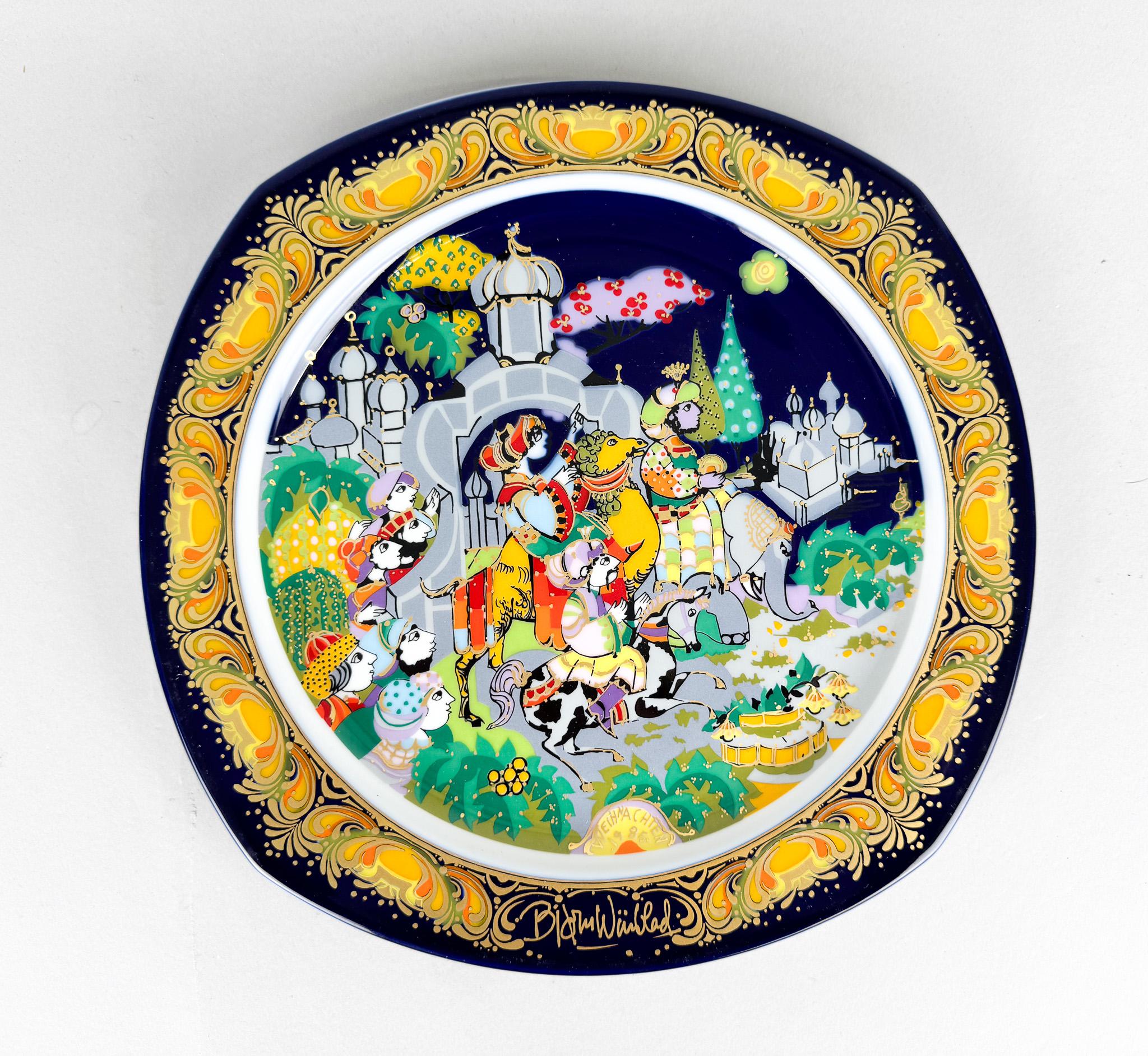 Vintage Rosenthal porcelain plate in it's original box. Ilustrated by famous Danish artist Bjorn Wiinblad. The plate can be hung on the wall, used for serving or just as a decoration.