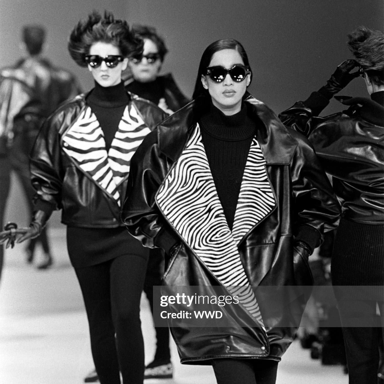1985 Claude Montana Black Leather Runway Jacket W Zebra Print Pony Fur In Good Condition In Portland, OR