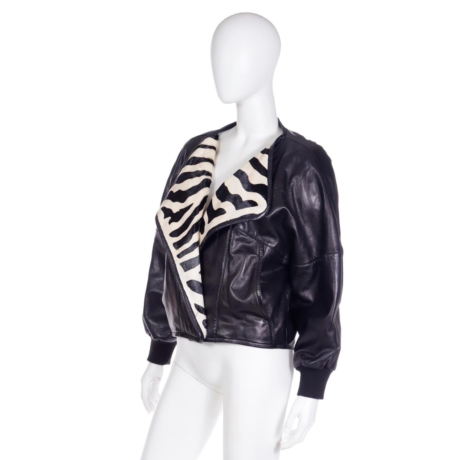 1985 Claude Montana Black Leather Runway Jacket W Zebra Print Pony Fur 1