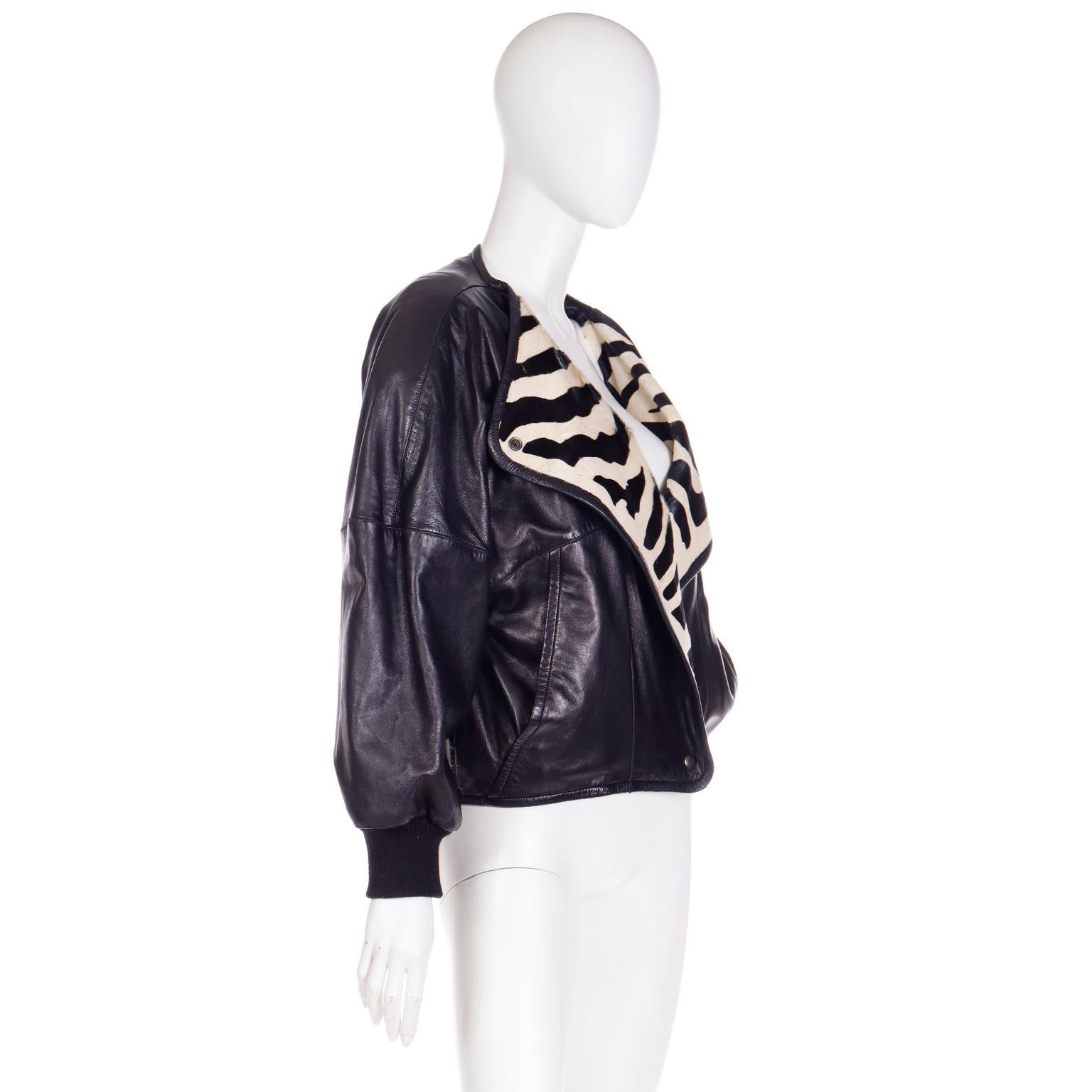 1985 Claude Montana Black Leather Runway Jacket W Zebra Print Pony Fur 3