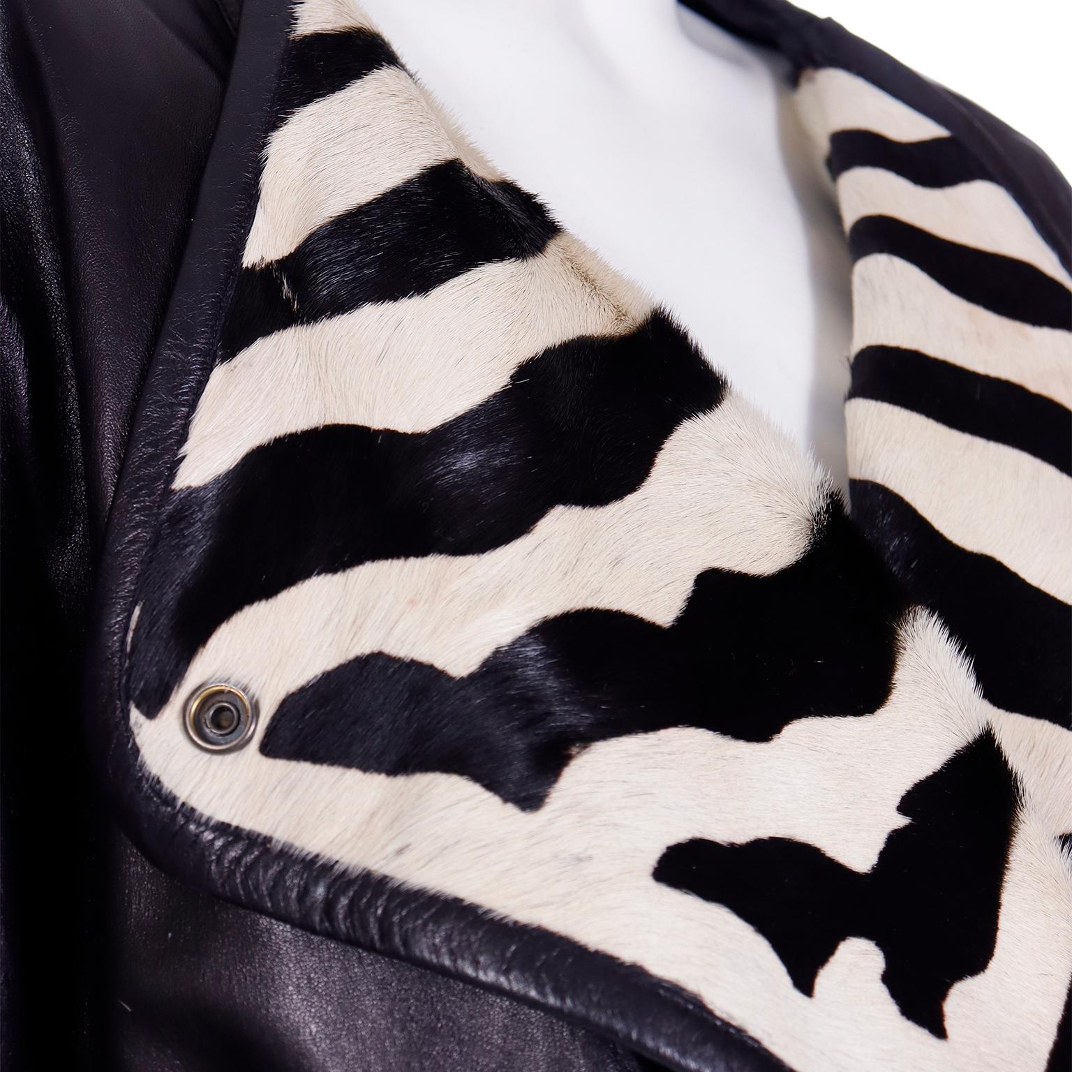 1985 Claude Montana Black Leather Runway Jacket W Zebra Print Pony Fur 5