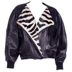 1985 Claude Montana Black Leather Runway Jacket W Zebra Print Pony Fur