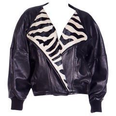 1985 Claude Montana Schwarze Leder-Laufstegjacke aus Leder mit Zebradruck und Ponypelz