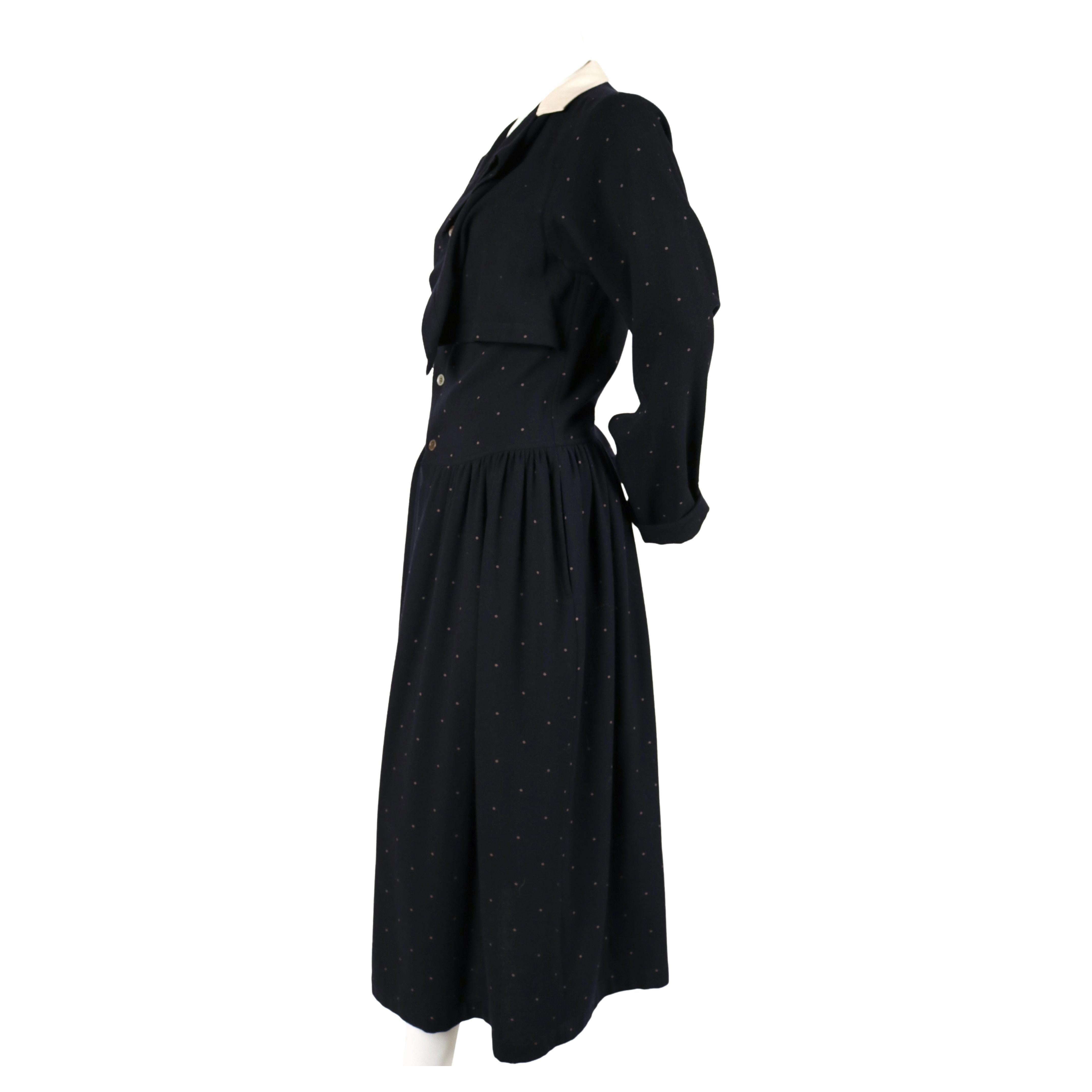 Women's or Men's 1985 COMME DES GARCONS navy wool draped dress with polka dots
