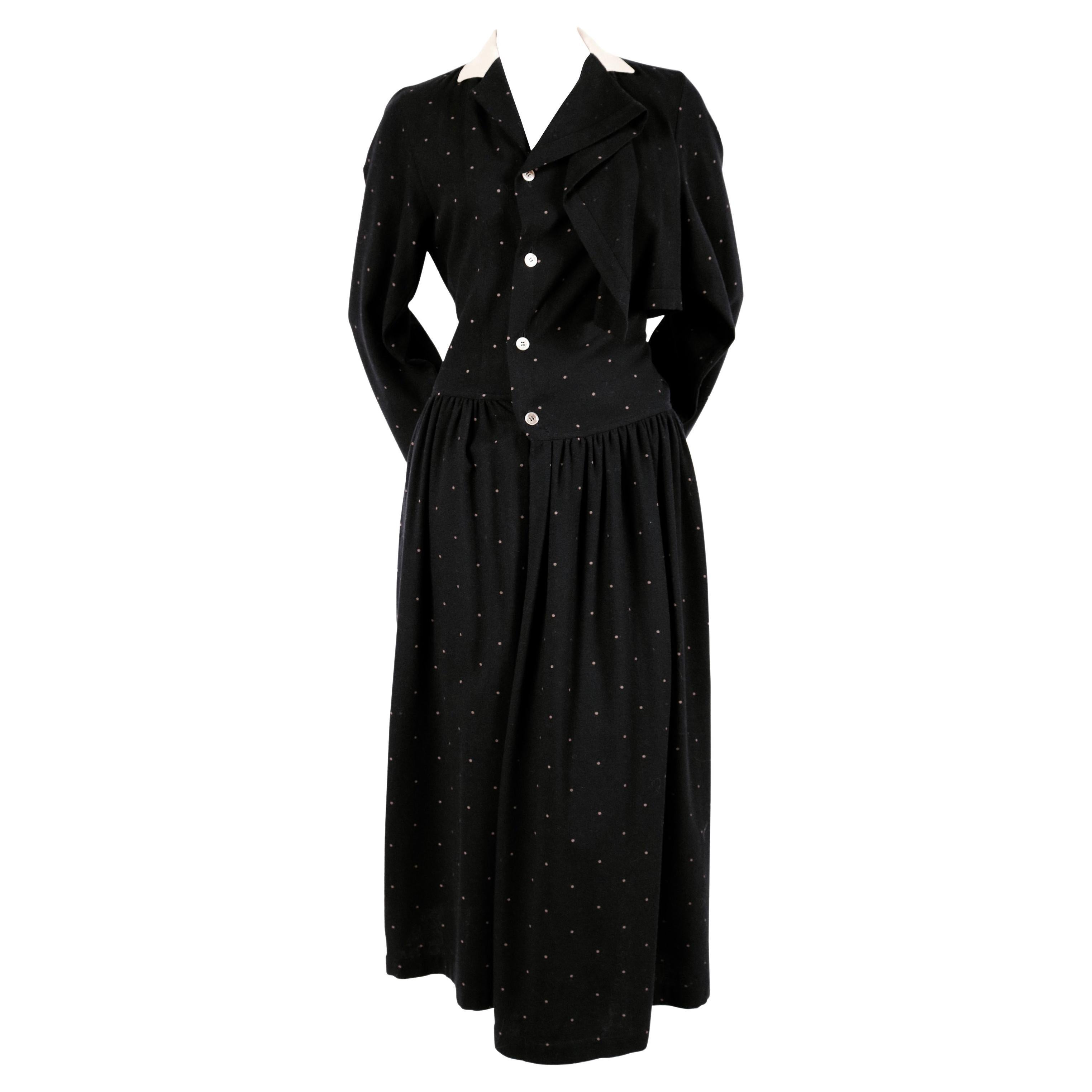 1985 COMME DES GARCONS navy wool draped dress with polka dots