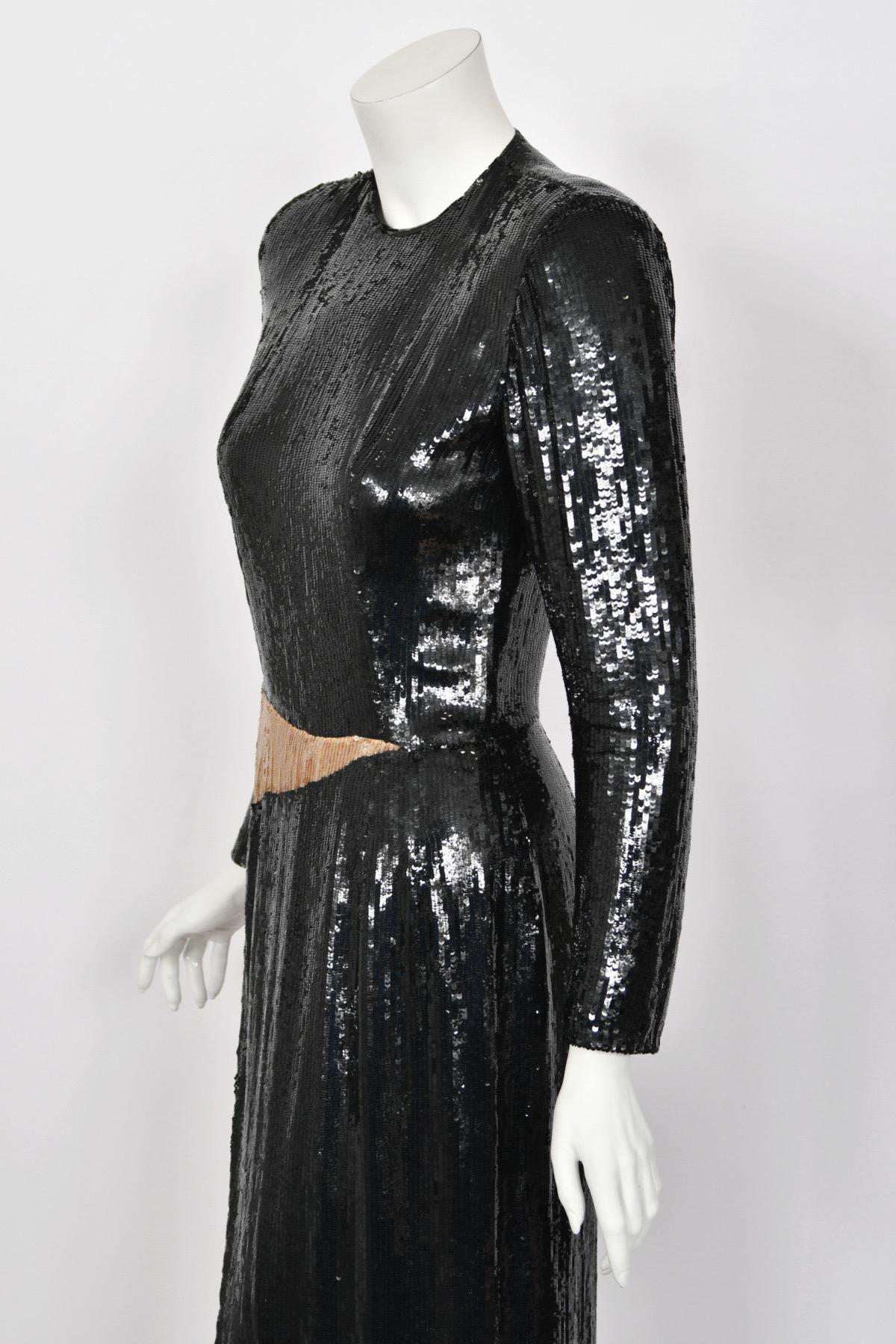 1985 Geoffrey Beene Documented Black & Gold Fully-Sequin 'Cindy Crawford' Gown For Sale 8