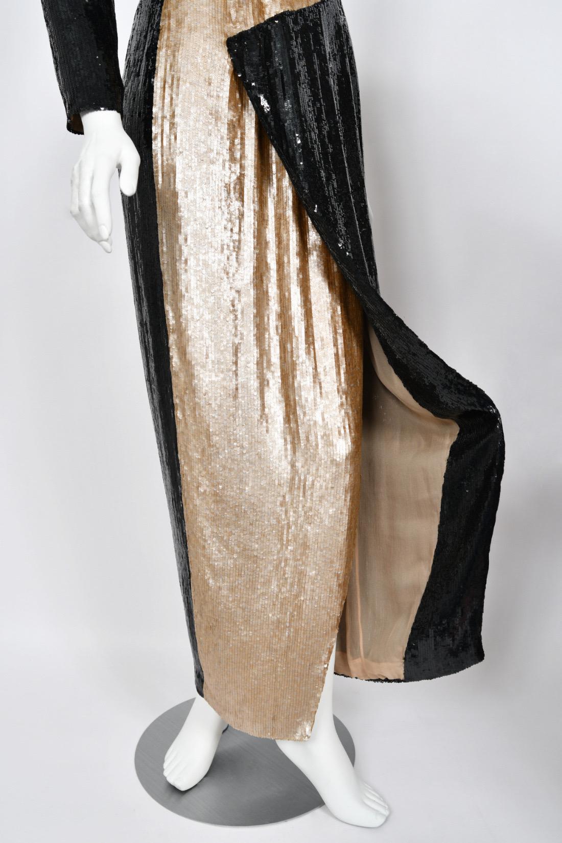 1985 Geoffrey Beene Documented Black & Gold Fully-Sequin 'Cindy Crawford' Gown For Sale 4