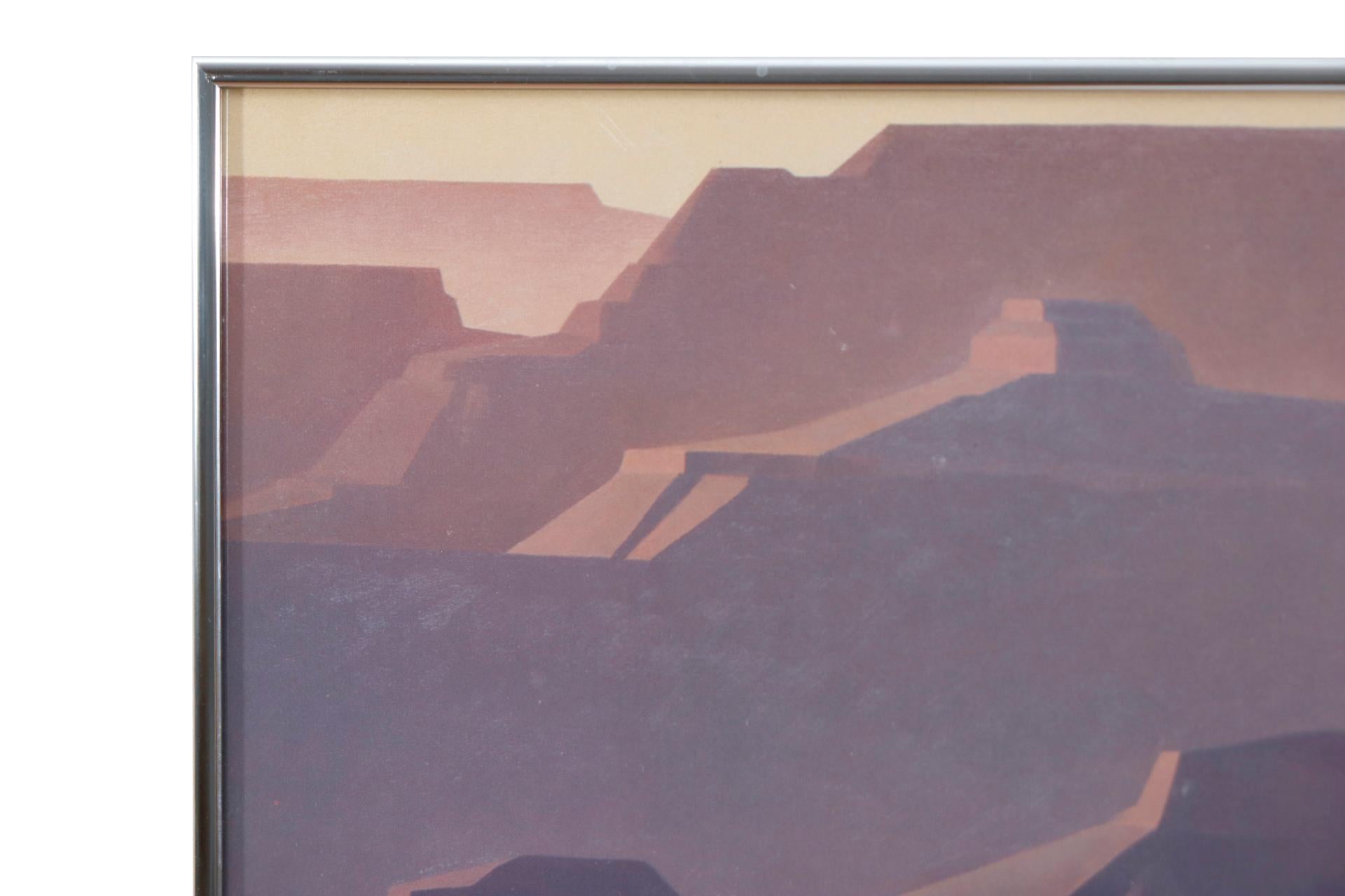 An original lithograph poster for the Grand Canyon Chamber Music Festival, promoting their second season in September 1985. Above, is a print of a painting of the Grand Canyon by Ed Mell in purple hues. Below, purple text over a taupe background