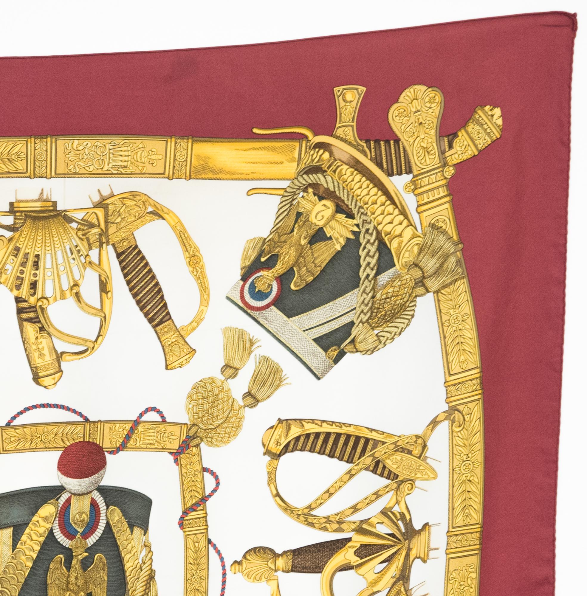 Brown 1985 Hermes Bordeaux Grand uniforme by J Metz Silk Scarf For Sale